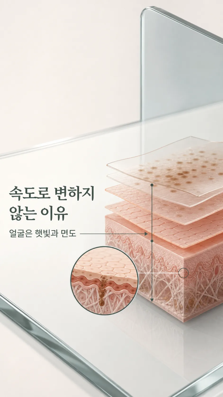 진피층 콜라겐 유착과 피부층 단면 모식도