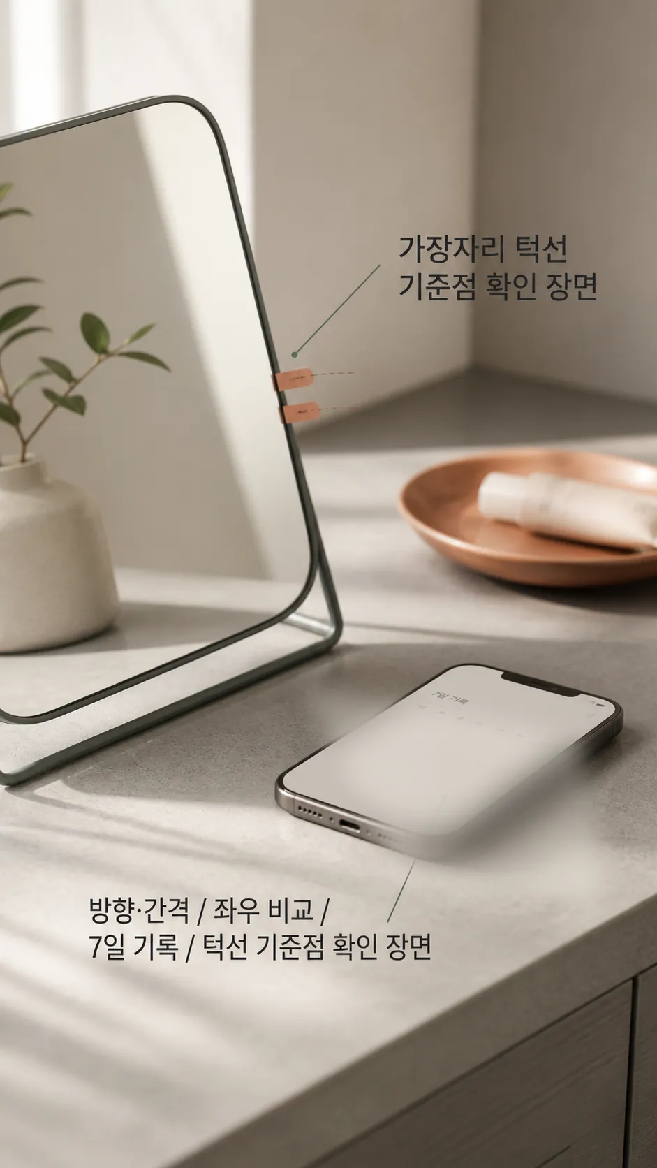 거울 가장자리 턱선 기준점 확인 장면