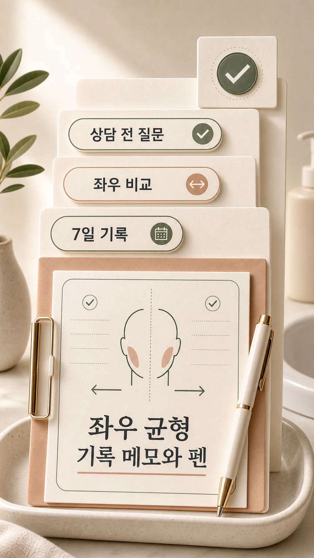 세면대 옆 좌우 균형 기록 메모와 펜 클로즈업