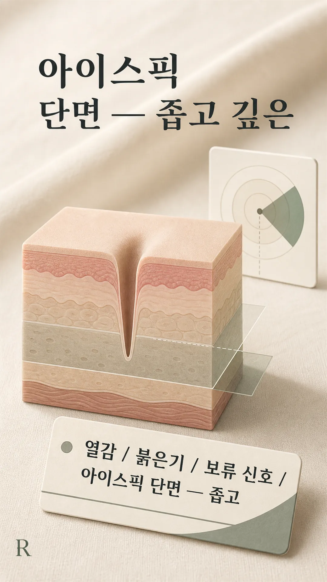 아이스픽 단면 — 좁고 깊은 우물형 패임 옆빛 표시