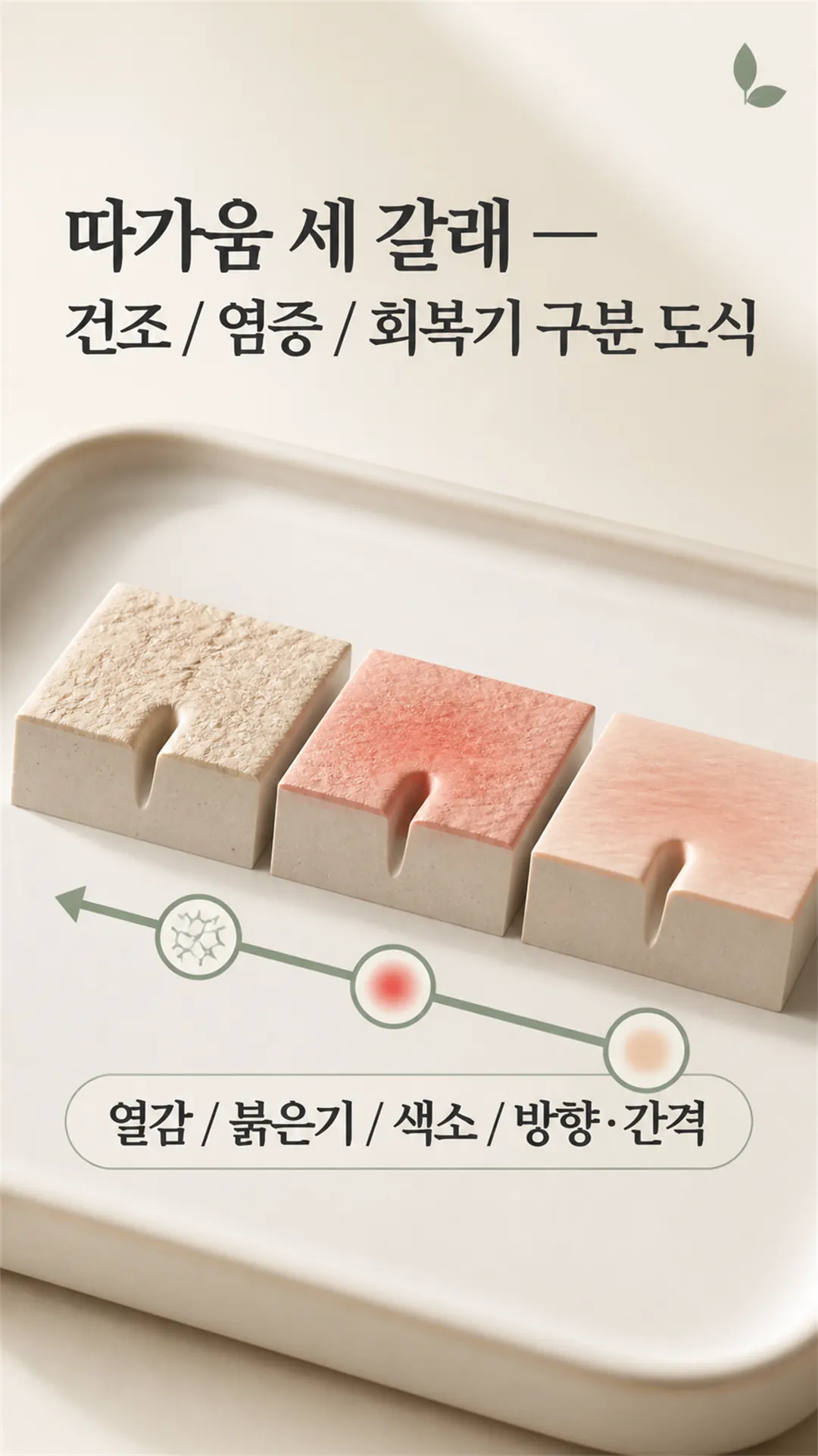 따가움 세 갈래 — 건조·염증·회복기 구분 도식