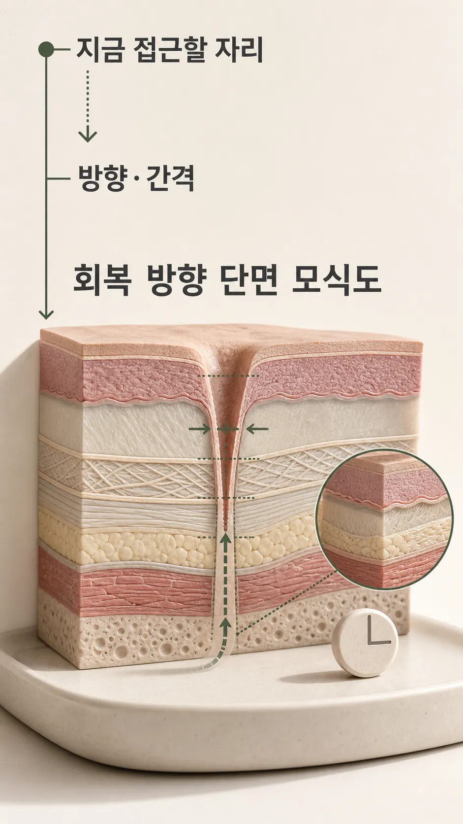 진피층 흉터 깊이와 회복 방향 단면 모식도