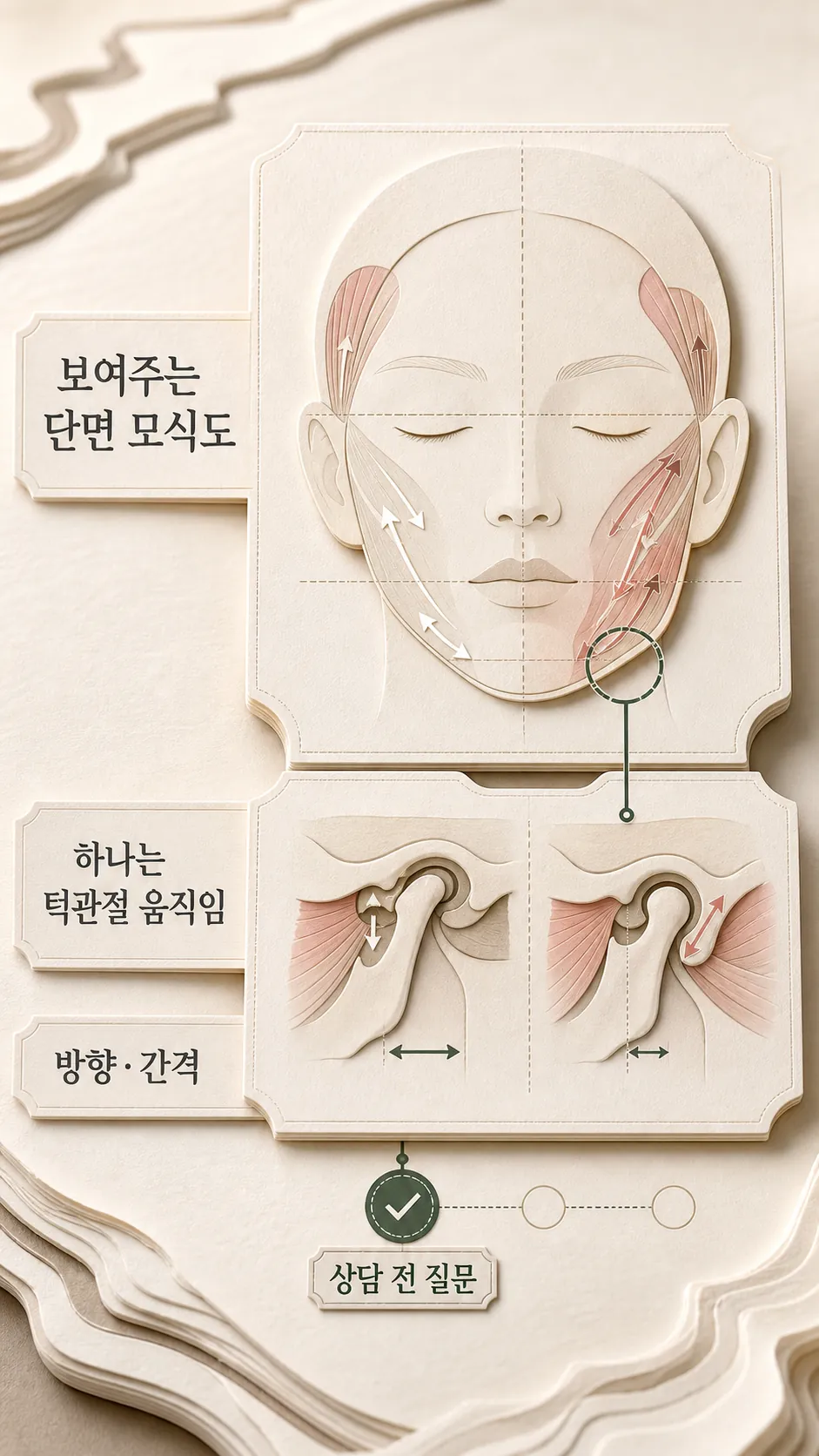 좌우 턱관절과 교근 긴장 차이를 보여주는 단면 모식도