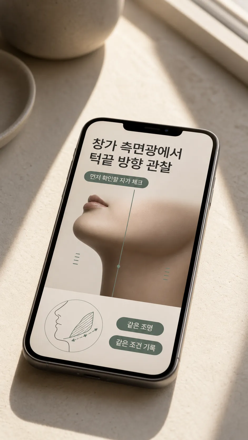 창가 측면광에서 턱끝 방향 관찰 장면