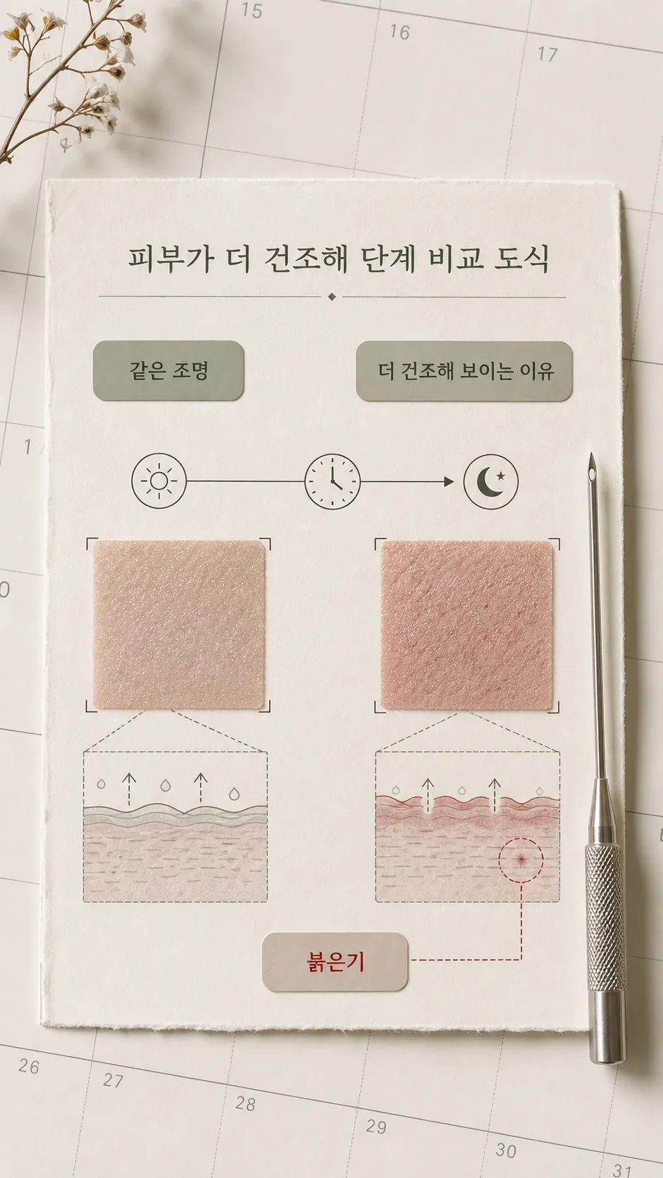 퇴근 후 피부가 더 건조해 단계 비교 도식