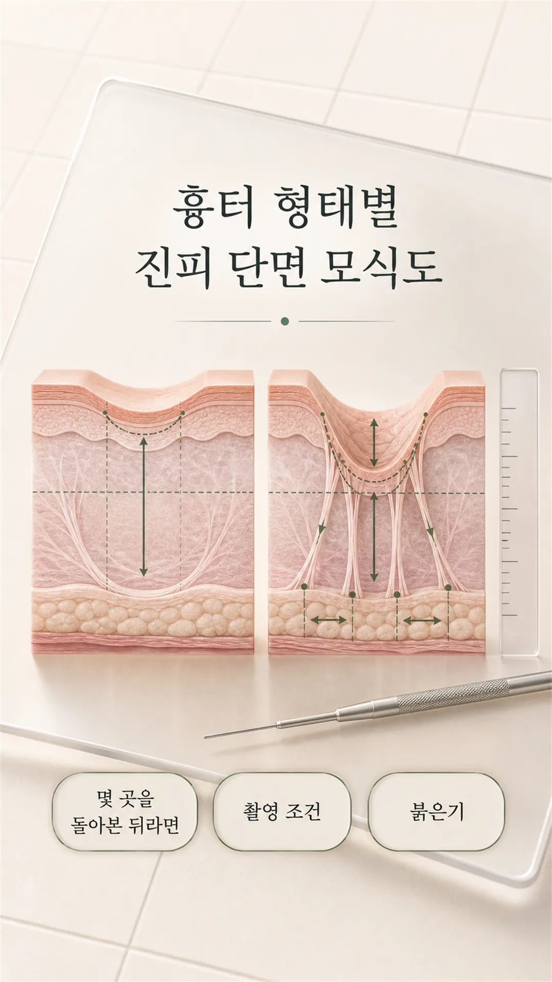 패인 흉터 형태별 진피 단면 모식도