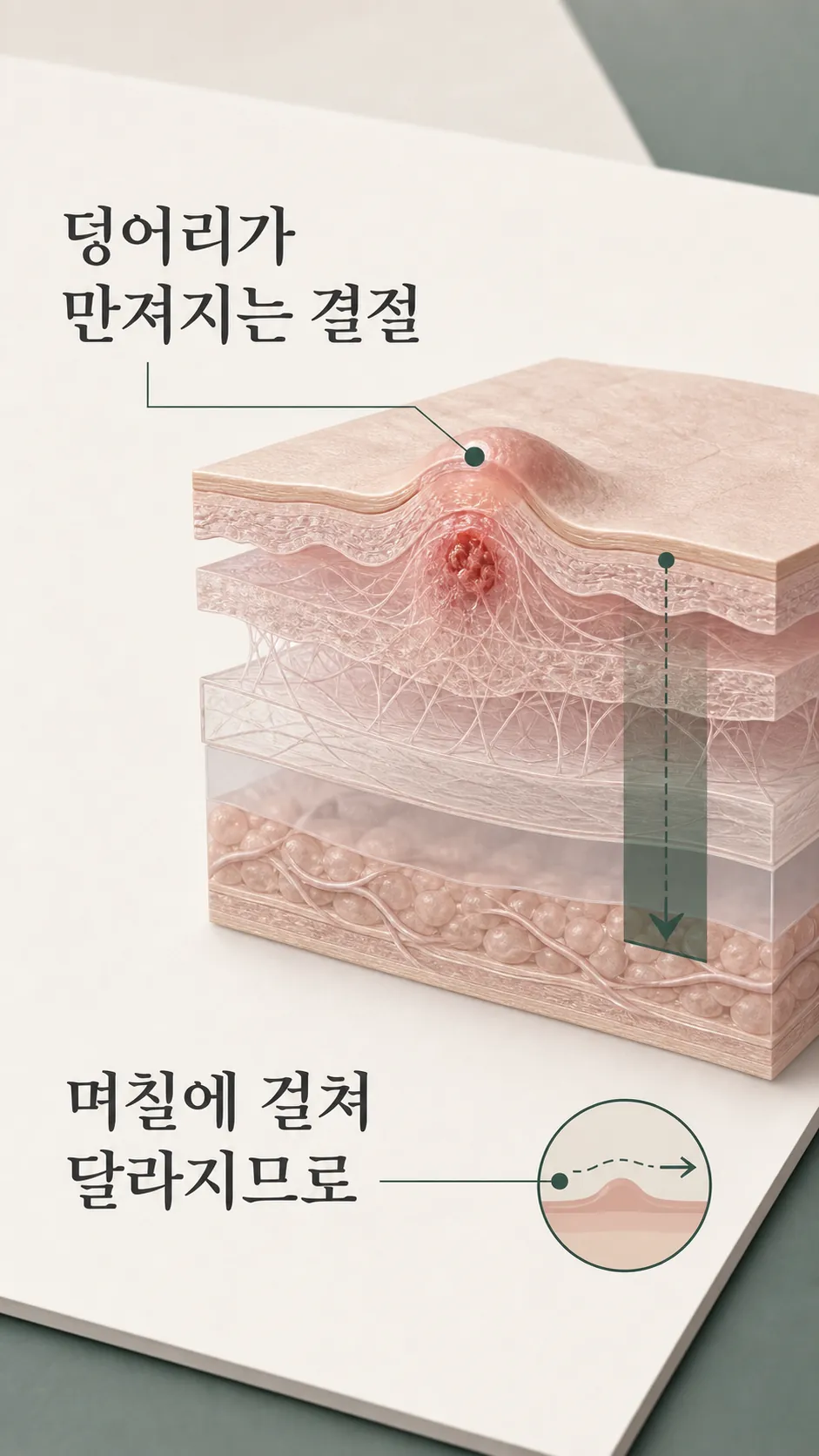 진피층 콜라겐 유착과 피부층 단면 모식도