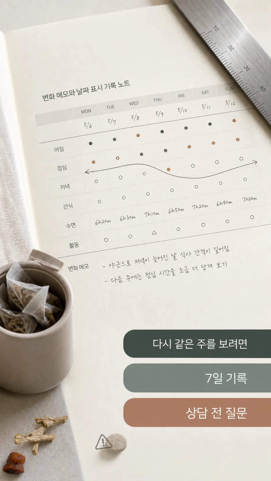 상담 전 변화 메모와 날짜 표시 기록 노트