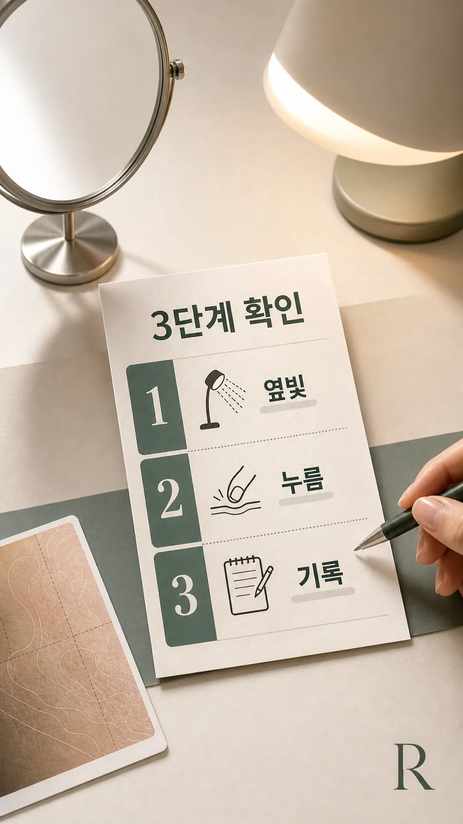 옆빛·누름·기록 3단계 셀프체크 흐름