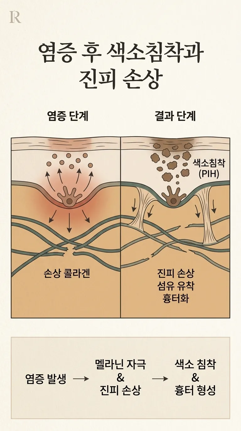 염증 후 색소침착과 진피 손상 메커니즘 인포그래픽