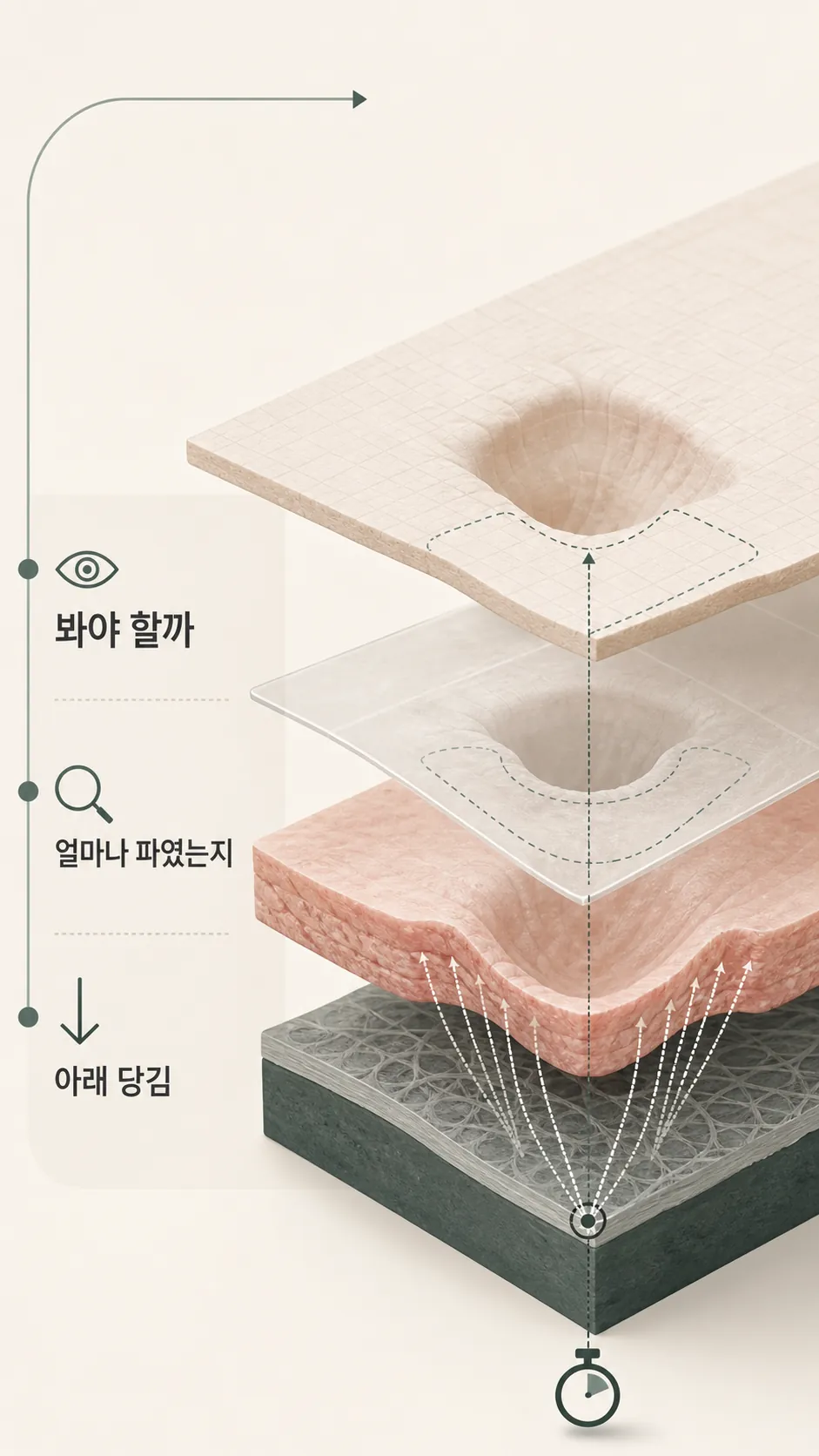 진피층 흉터 깊이와 회복 방향 단면 모식도