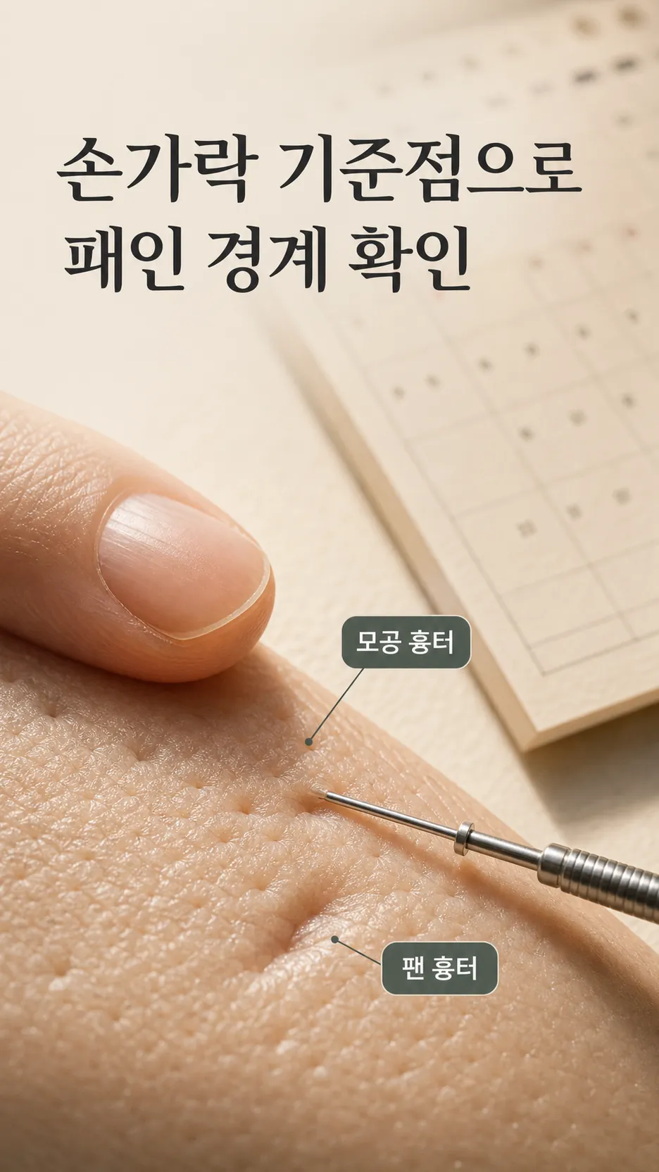 손가락 기준점으로 패인 경계 확인 클로즈업