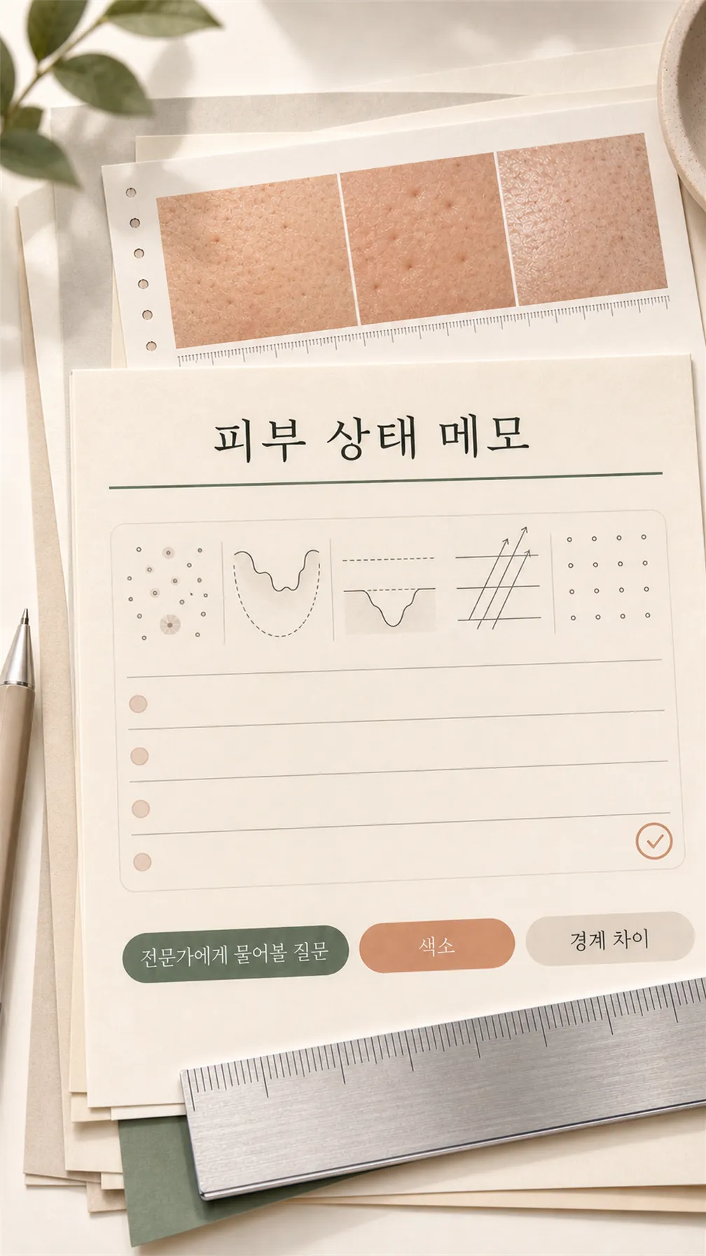 상담 전 촬영 기록지 가장자리와 피부 상태 메모 클로즈업