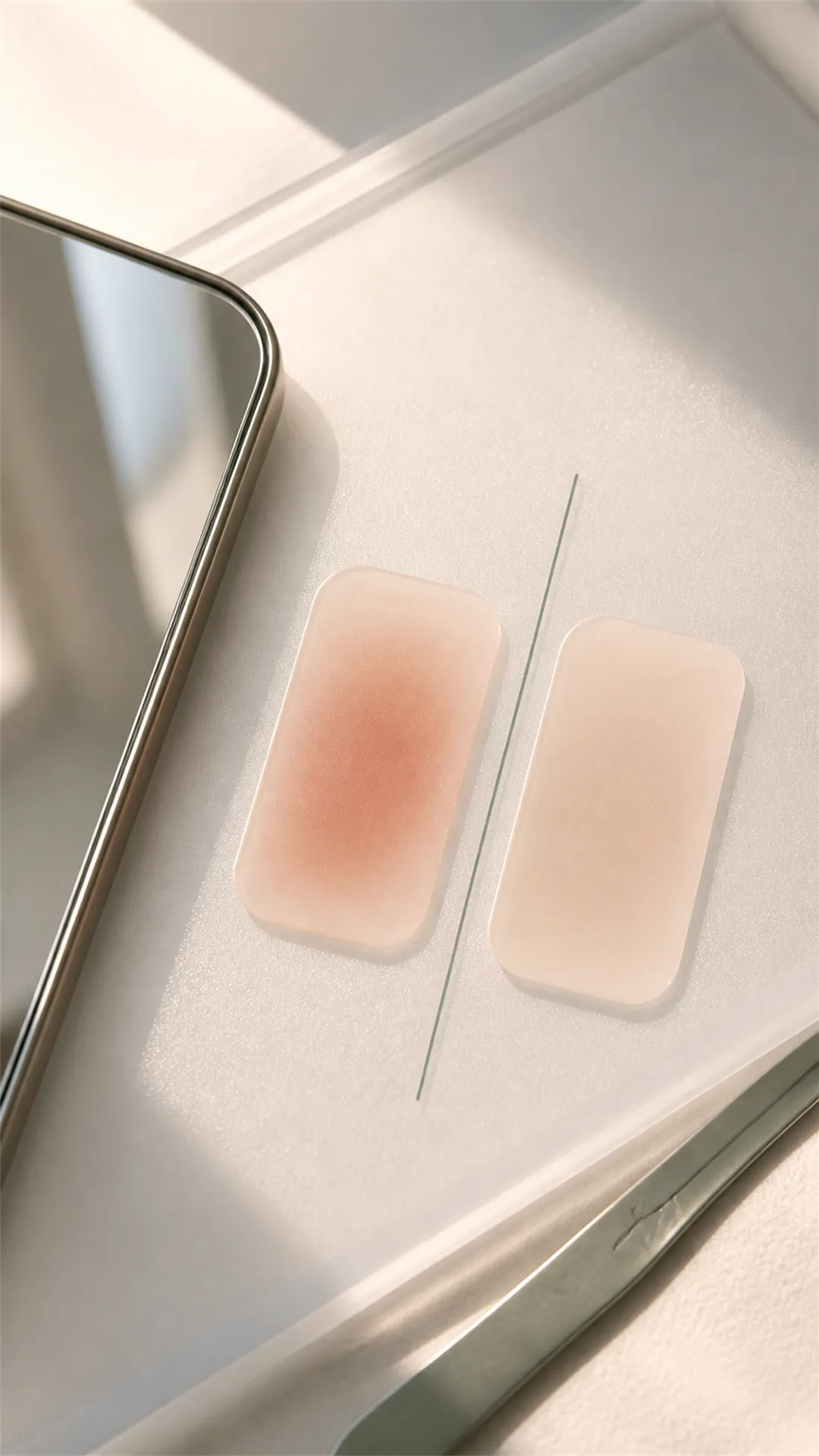 아침 면도 후 거울 앞 턱선 확인 장면