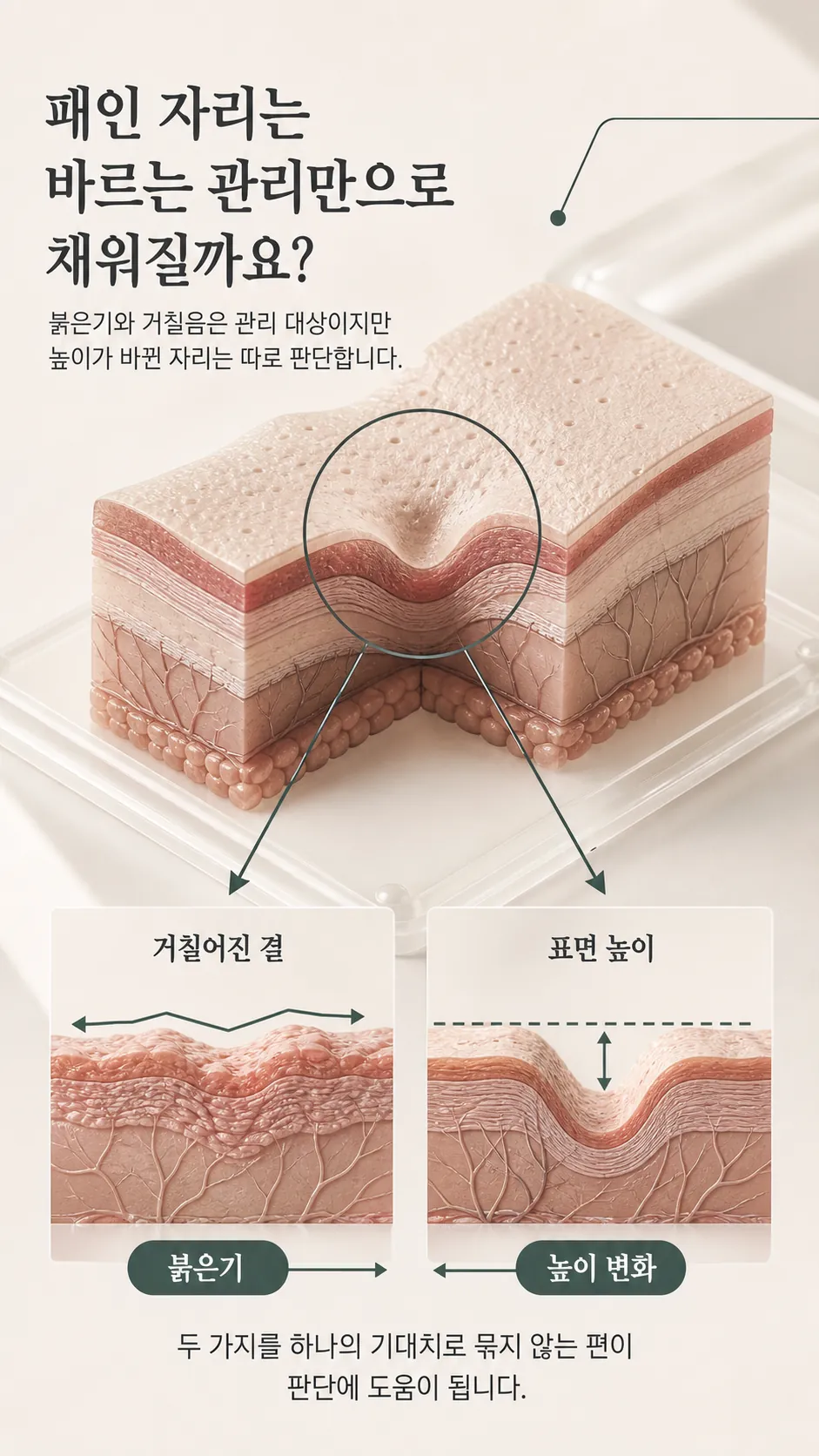 진피층 콜라겐 유착과 피부층 단면 모식도