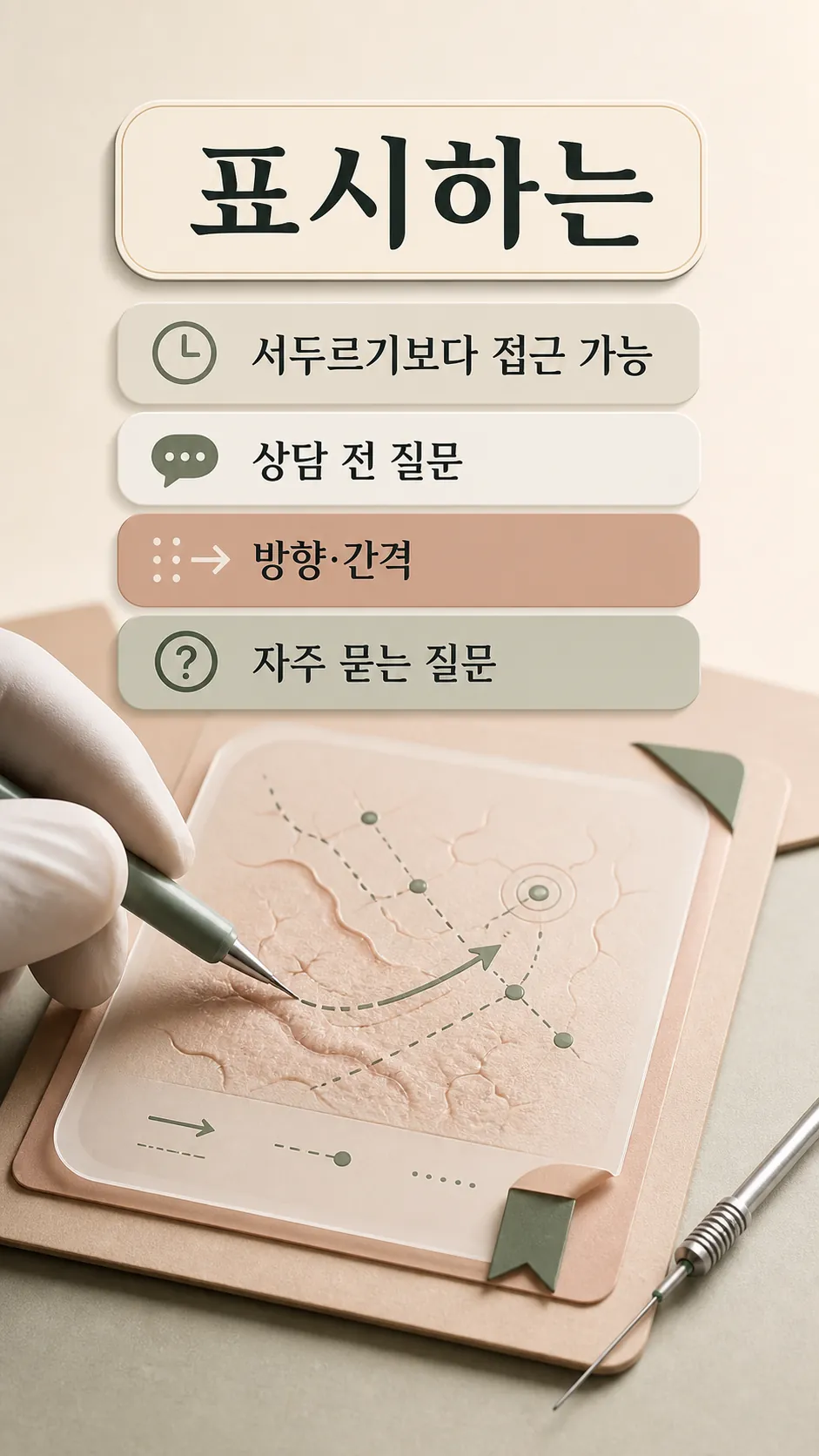 흉터 지도 위 접근 방향을 표시하는 장갑 낀 손 클로즈업
