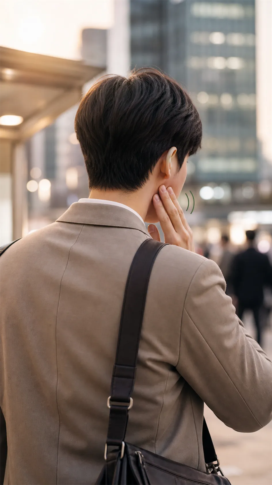 퇴근길 가방 멘 직장인 뒷모습과 턱 짚는 손