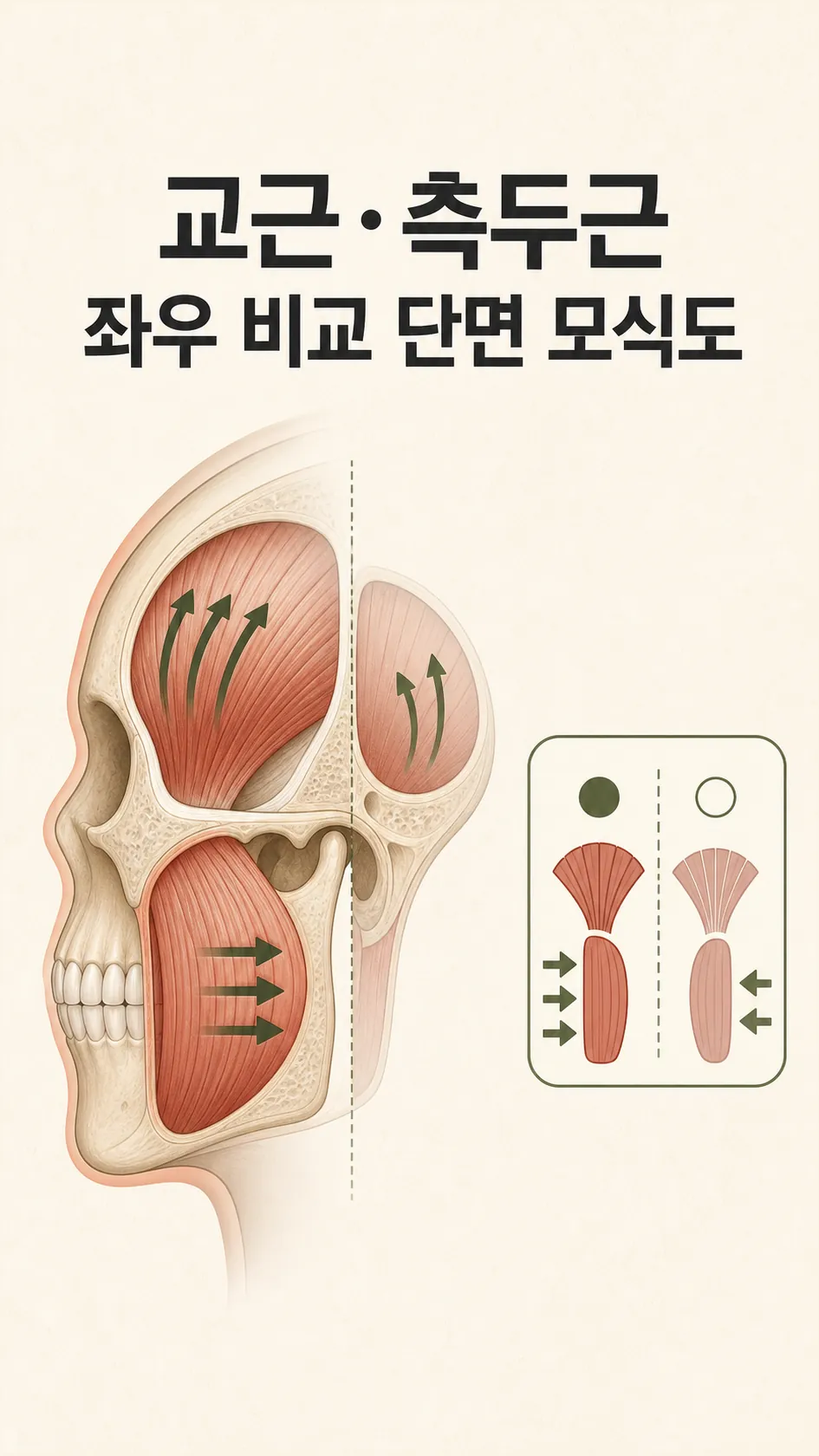 교근·측두근 좌우 비교 단면 모식도