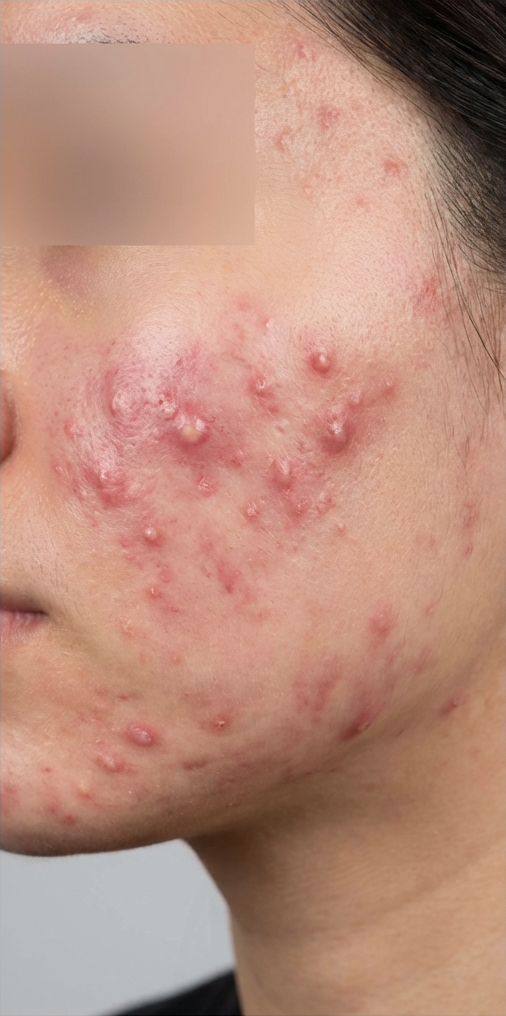 Before-treatment image from a woman's acne and red-mark case at the same institution before its name change