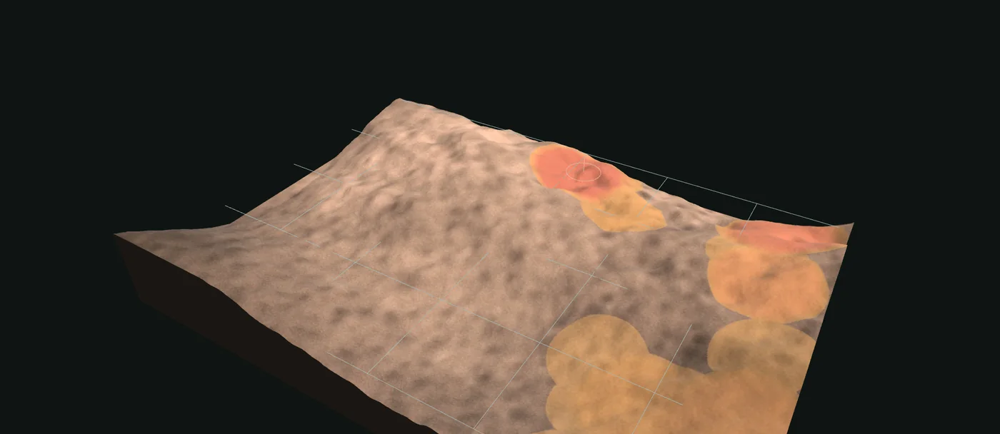 The same relief raised as height on a reference grid, as a 3D surface
